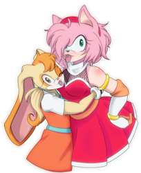 Size: 792x972 | Tagged: safe, artist:hachidqueen, amy rose, cream the rabbit, 2019, duo, hugging, looking at viewer, looking offscreen, older, one eye closed, simple background, standing, tongue out, transparent background