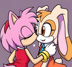 Size: 590x548 | Tagged: safe, ai art, artist:mobians.ai, amy rose, cream the rabbit, 2024, amream, blushing, cute, duo, eyes closed, hand on another's shoulder, heart, kiss on cheek, lesbian, looking at them, mouth open, older, prompter:triplettailedfox, purple background, shipping, simple background, smile, standing