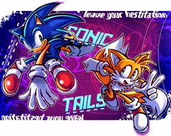 Size: 2048x1631 | Tagged: safe, artist:majindoodles, miles "tails" prower, sonic the hedgehog, abstract background, character name, duo, english text, looking at viewer, outline, smile, v sign