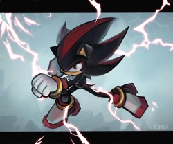 Size: 1200x1000 | Tagged: safe, artist:astrxchoi, shadow the hedgehog, sonic x shadow generations, 2024, abstract background, border, clenched fist, coloring practice, electricity, mid-air, outdoors, posing, signature, solo
