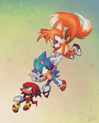 Size: 1440x1794 | Tagged: safe, artist:usbfig, knuckles the echidna, miles "tails" prower, sonic the hedgehog, carrying them, classic knuckles, classic sonic, classic tails, flying, gradient background, holding hands, looking at each other, looking offscreen, mouth open, pointing, smile, spinning tails, team sonic, trio