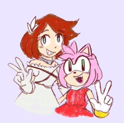 Size: 796x788 | Tagged: safe, artist:spinsun, amy rose, princess elise, human, cute, duo, lilac background, looking at viewer, simple background, smile, v sign