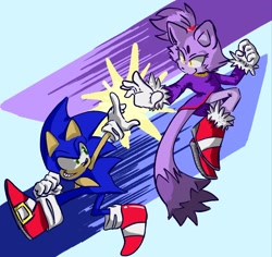 Size: 2048x1937 | Tagged: safe, artist:spinsun, blaze the cat, sonic the hedgehog, abstract background, clenched fist, duo, looking at each other, smile, sonic rush