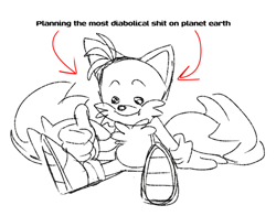 Size: 2048x1603 | Tagged: safe, artist:seldompathic, miles "tails" prower, english text, line art, looking offscreen, nightmare fuel, one fang, simple background, sitting, sketch, smile, solo, thumbs up, white background