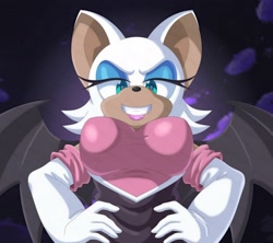 Size: 2000x1778 | Tagged: suggestive, artist:rockmangrave, rouge the bat, clouds, from below, grin, looking down at viewer, nighttime, outside, rouge's heart top, solo