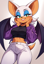 Size: 832x1216 | Tagged: safe, artist:sonfandow, rouge the bat, blush, hands on cheeks, happy, looking at viewer, midriff, purple jacket, smile, tank top, white pants