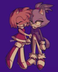 Size: 598x744 | Tagged: safe, artist:849removal, amy rose, blaze the cat, amy x blaze, amybetes, blazebetes, blushing, cute, duo, eyes closed, holding arm, holding hands, lesbian, lidded eyes, looking at them, mouth open, purple background, shipping, signature, simple background, standing