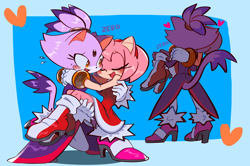 Size: 2048x1362 | Tagged: safe, artist:butterfly765, amy rose, blaze the cat, amy x blaze, amybetes, blazebetes, blue background, blushing, border, carrying them, cute, duo, eyes closed, heart, lesbian, looking at them, mouth open, shipping, signature, simple background, standing, sweatdrop