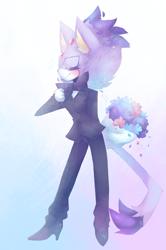 Size: 850x1280 | Tagged: safe, artist:minxinq, blaze the cat, alternate outfit, blazebetes, bowtie, cute, eyes closed, flower bouquet, gradient background, heels, holding something, petals, smile, solo, standing, tuxedo