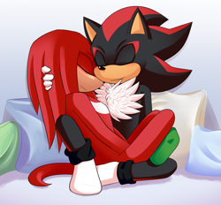 Size: 1400x1300 | Tagged: safe, artist:fire-for-battle, knuckles the echidna, shadow the hedgehog, abstract background, blushing, cuddling, cute, duo, eyes closed, gay, holding each other, knuxadow, pillow, shipping, shoes off, sitting, smile