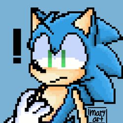 Size: 510x510 | Tagged: safe, artist:pretzy, sonic the hedgehog, blue background, exclamation mark, frown, looking offscreen, modern sonic, pixel art, signature, simple background, solo, standing, surprised