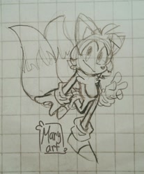 Size: 1536x1853 | Tagged: safe, artist:pretzy, miles "tails" prower, line art, looking at viewer, pencilwork, signature, smile, solo, traditional media, v sign