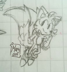 Size: 1536x1665 | Tagged: safe, artist:pretzy, miles "tails" prower, line art, looking offscreen, pencilwork, signature, smile, solo, traditional media