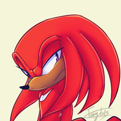 Size: 1000x1000 | Tagged: safe, artist:tobytots, knuckles the echidna, cream background, dark skin, frown, lidded eyes, looking at viewer, signature, simple background, solo, standing