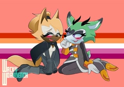 Size: 2000x1405 | Tagged: safe, artist:wackyworkbenchzone, clove the pronghorn, whisper the wolf, blush, diamond cutters outfit, lesbian pride, pride, sitting, talking, watermark