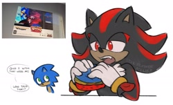 Size: 2204x1342 | Tagged: safe, artist:starfeatherarts, shadow the hedgehog, sonic the hedgehog, sonic 3 (movie), sonic x shadow generations, burger, burger king, dialogue, duo, english text, food, gay, holding something, looking at them, mouth open, reference inset, shadow x sonic, shipping, simple background, speech bubble, white background