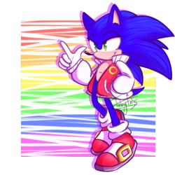 Size: 500x500 | Tagged: safe, artist:tobytots, sonic the hedgehog, alternate outfit, clothes, hand in pocket, jacket, lidded eyes, looking offscreen, outline, pointing, pride, semi-transparent background, signature, smile, solo, standing