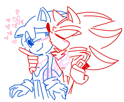 Size: 611x504 | Tagged: safe, artist:tobytots, shadow the hedgehog, sonic the hedgehog, arm around shoulders, blushing, cute, duo, eyes closed, gay, heart, kiss on cheek, lidded eyes, looking at them, obtrusive watermark, shadow x sonic, shipping, signature, simple background, smile, standing, watermark, white background