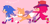 Size: 1209x590 | Tagged: safe, artist:r-yo, knuckles the echidna, miles "tails" prower, sonic the hedgehog, dialogue, english text, hat, knuckles' hat, looking at each other, looking at them, looking back, looking back at them, pink background, running, simple background, team sonic, trio, yellow sclera