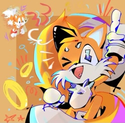 Size: 720x709 | Tagged: safe, artist:caneroll, miles "tails" prower, abstract background, beanbrows, clenched fist, cute, flying, looking at viewer, mouth open, pointing, ring, smile, solo, spinning tails, star (symbol), tailabetes, waving, wink