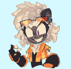 Size: 2048x1974 | Tagged: safe, artist:ikabloom, tangle the lemur, blue background, clenched teeth, looking at viewer, simple background, smile, solo, sunglasses