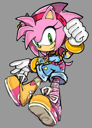 Size: 622x859 | Tagged: safe, artist:wikihowhowtoexist, amy rose, belt, bracelet, clenched fist, ear piercing, earring, edit, grey background, looking at viewer, overalls, redesign, shoelaces, simple background, smile, solo, uekawa style