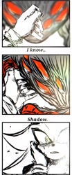 Size: 856x2048 | Tagged: safe, artist:kyuxhtsyu, shadow the hedgehog, sonic the hedgehog, sonic x shadow generations, 2024, comic, doom shadow, duo, english text, hand on another's face