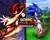 Size: 2048x1638 | Tagged: safe, artist:ommzii, shadow the hedgehog, sonic the hedgehog, green hill zone, sonic x shadow generations, 2024, clouds, duo, fence, grass, logo, loop, mouth open, outdoors, palm tree, rail grinding, water, waterfall