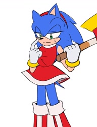 Size: 1000x1300 | Tagged: safe, artist:sakana_wo_kuu, sonic the hedgehog, 2024, amy's halterneck dress, cosplay, piko piko hammer, simple background, solo, white background