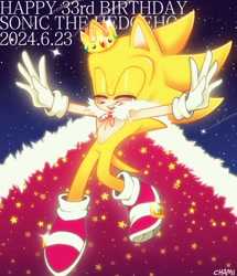 Size: 1145x1329 | Tagged: safe, artist:61chami, sonic the hedgehog, super sonic, 2024, birthday, cape, crown, english text, solo, super form