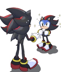 Size: 1050x1241 | Tagged: safe, artist:makochi_n, shadow the hedgehog, sonic the hedgehog, sonic superstars, classic sonic, cosplay, duo, sparkles