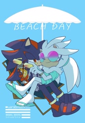 Size: 1406x2048 | Tagged: safe, artist:omoch_mchmch, shadow the hedgehog, silver the hedgehog, 2024, alternate outfit, blue background, drink, duo, gay, sandals, shadow x silver, shipping, simple background