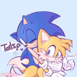 Size: 2048x2048 | Tagged: safe, artist:fluffyeviltails, miles "tails" prower, sonic the hedgehog, 2024, blue background, blushing, cute, dialogue, duo, gay, heart, hugging from behind, looking at each other, mouth open, shipping, signature, simple background, smile, sonabetes, sonic x tails, standing, surprise hug, tailabetes, wink