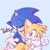 Size: 2048x2048 | Tagged: safe, artist:fluffyeviltails, miles "tails" prower, sonic the hedgehog, fox, hedgehog, 2024, blue background, blushing, cute, dialogue, duo, gay, heart, hugging from behind, looking at each other, male, mouth open, shipping, signature, simple background, smile, sonabetes, sonic x tails, standing, surprise hug, tailabetes, wink