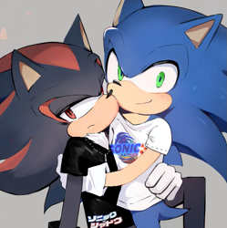 Size: 877x882 | Tagged: safe, artist:flyngp5, shadow the hedgehog, sonic the hedgehog, sonic the hedgehog 3 (film), 2024, alternate outfit, branded clothes, clothes, cute, duo, frown, gay, holding each other, hugging, lidded eyes, looking at viewer, shadow x sonic, shadowbetes, shipping, shirt, smile, sonabetes, standing