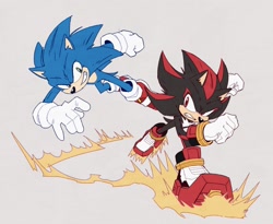 Size: 1950x1600 | Tagged: safe, artist:other_subject, shadow the hedgehog, sonic the hedgehog, sonic the hedgehog 3 (film), 2024, clenched fists, clenched teeth, duo, frown, grey background, looking at each other, mid-air, simple background, skating, smile