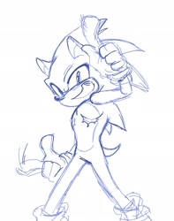 Size: 1614x2048 | Tagged: safe, artist:octo__pie, sonic the hedgehog, sonic the hedgehog 3 (film), 2024, clenched teeth, finger snap, line art, looking at viewer, pointing, sketch, smile, solo, standing, top surgery scars, trans male, transgender
