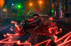 Size: 1881x1212 | Tagged: safe, artist:iamfluffle, agent stone, human, sonic the hedgehog 3 (film), 2024, abstract background, clenched teeth, electricity, looking offscreen, motorcycle, nighttime, outdoors, redraw, skidding, solo