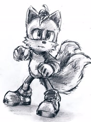 Size: 1536x2048 | Tagged: safe, artist:curly_quills, miles "tails" prower, sonic the hedgehog 3 (film), 2024, clenched fists, frown, line art, looking offscreen, pencilwork, sketch, solo, standing, traditional media