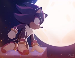 Size: 2048x1574 | Tagged: safe, artist:ms_ice_cream, shadow the hedgehog, sonic the hedgehog 3 (film), 2024, abstract background, frown, hand on ground, looking offscreen, moon, nighttime, outdoors, signature, solo