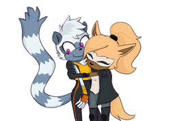 Size: 2048x1448 | Tagged: safe, artist:haruhi_il, tangle the lemur, whisper the wolf, 2020, duo, eyes closed, hugging, lesbian, looking away, shipping, simple background, standing, tangle x whisper, white background