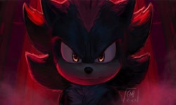Size: 2048x1226 | Tagged: safe, artist:amasc0met, shadow the hedgehog, sonic the hedgehog 3 (film), 2024, abstract background, dark, frown, glowing eyes, looking at viewer, redraw, signature, solo