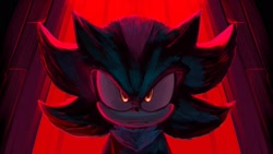 Size: 2048x1152 | Tagged: safe, artist:modistcollector, shadow the hedgehog, sonic the hedgehog 3 (film), 2024, abstract background, dark, frown, glowing eyes, redraw, solo