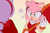 Size: 2048x1332 | Tagged: safe, artist:hewwopumpkin, amy rose, perci the bandicoot, amy x perci, amy's halterneck dress, clothes, dress, duo, gradient background, hammer, holding something, lesbian, looking at each other, piko piko hammer, question mark, shipping, standing