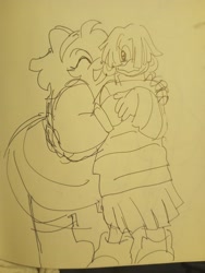 Size: 2048x2720 | Tagged: safe, artist:eelyijah, amy rose, tekno the canary, 2024, amybetes, arm around shoulders, cute, duo, eyes closed, fleetway amy, holding them, lesbian, line art, looking at them, shipping, sketch, skirt, smile, standing, teknamy, traditional media