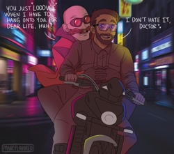 Size: 2048x1813 | Tagged: safe, artist:panic-flavored, agent stone, robotnik, human, sonic the hedgehog 3 (film), 2024, abstract background, city, dialogue, duo, english text, gay, holding them, motorcycle, nighttime, outdoors, robotnik x stone, shipping, signature, talking