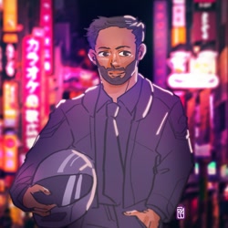 Size: 1080x1080 | Tagged: safe, artist:reytenstiel, agent stone, human, sonic the hedgehog 3 (film), 2024, abstract background, biker helmet, city, hand in pocket, holding something, looking at viewer, nighttime, outdoors, signature, smile, solo, standing