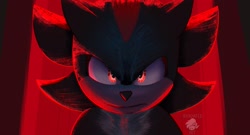 Size: 1920x1036 | Tagged: safe, artist:irradiatedart, shadow the hedgehog, sonic the hedgehog 3 (film), 2024, abstract background, dark, frown, glowing eyes, looking at viewer, redraw, signature, solo
