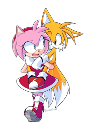 Size: 700x1000 | Tagged: safe, artist:nannelflannel, amy rose, miles "tails" prower, 2020, cute, duo, looking at each other, mouth open, one eye closed, riding on shoulders, smile, walking