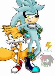 Size: 2480x3508 | Tagged: safe, artist:filibolt, miles "tails" prower, silver the hedgehog, 2019, arm rest, arms folded, base used, duo, lidded eyes, looking at them, looking at viewer, one eye closed, signature, simple background, smile, standing, standing on one leg, white background